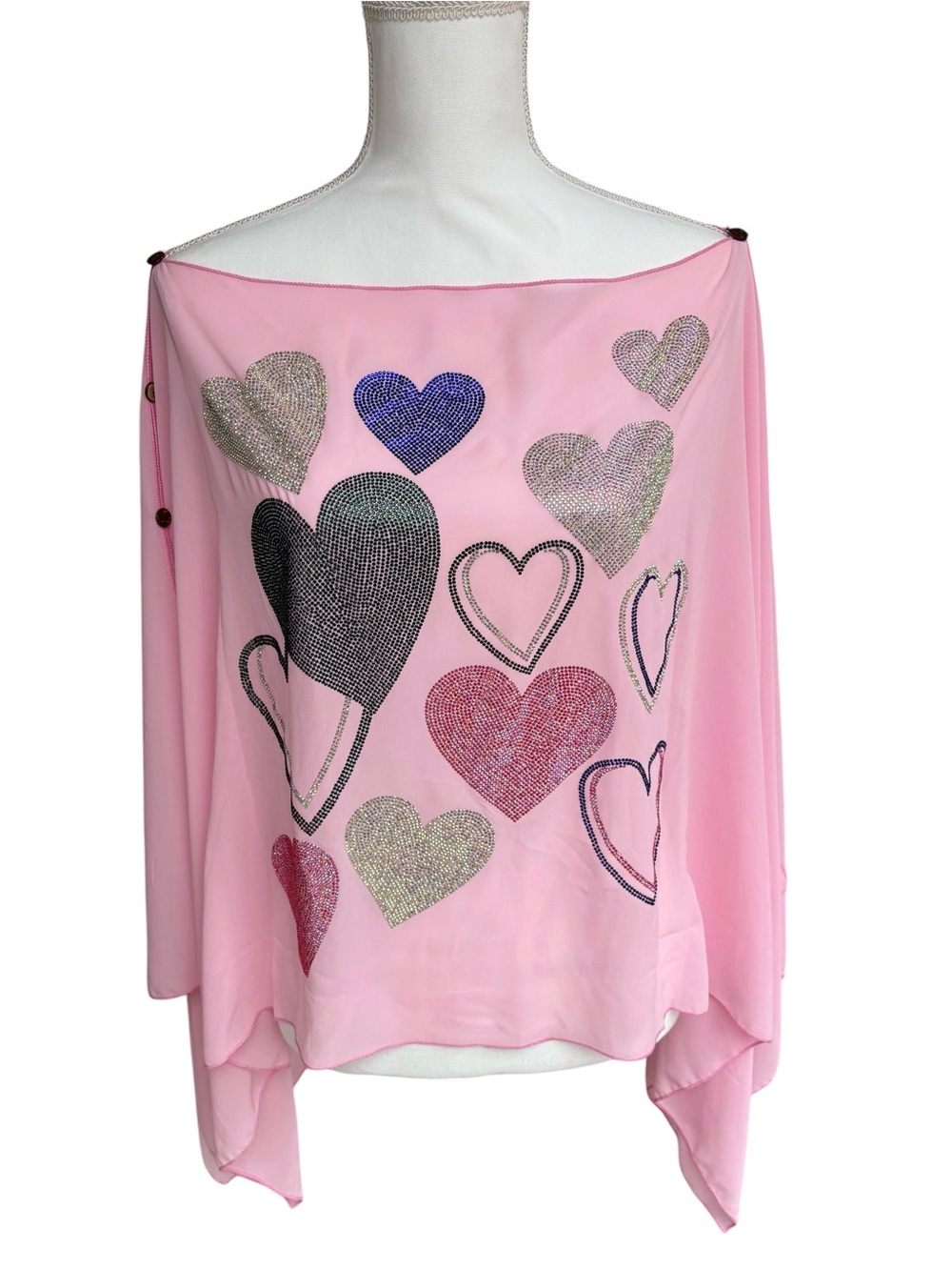 Romantic Pink Sheer Chiffon Rhinestone Heart Cape Sleeve Poncho Top